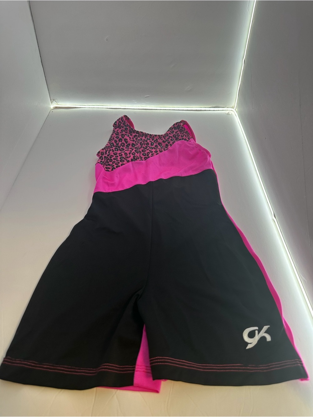 GK Stars Girls Child Large Gymnastics Biketard Leotard Pink Black Leopard Size L